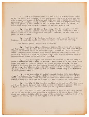 Lot #81 Anthony McAuliffe Typed Memorandum Signed re: a Hollywood Script on the Battle of the Bulge: 