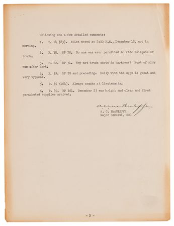 Lot #81 Anthony McAuliffe Typed Memorandum Signed re: a Hollywood Script on the Battle of the Bulge: 
