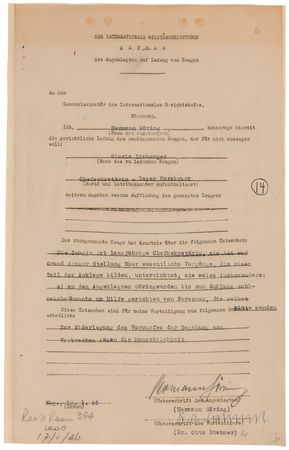 Lot #126 Nuremberg Trials: Hermann Goring Document