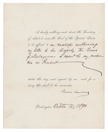 Lot #165 Grover Cleveland Document Signed as