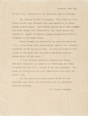 Lot #80 Anthony McAuliffe: Original Typescript of