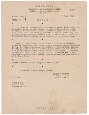 Lot #49 World War II: William F. Stuckey’s B-24 'The Dreamer' A-2 Bomber Jacket and (30) Mission-Used Bomb Fuse Pins with Military Archive Including Award Citations, Photographs, and Patches - Image 13