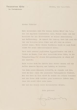Lot #37 Erwin Rommel War-Dated Typed Letter