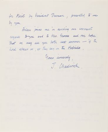 Lot #96 James Chadwick Autograph Letter Signed to Leslie Groves, Director of the Manhattan Project - Image 2