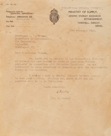 Lot #108 Klaus Fuchs Typed Letter Signed on