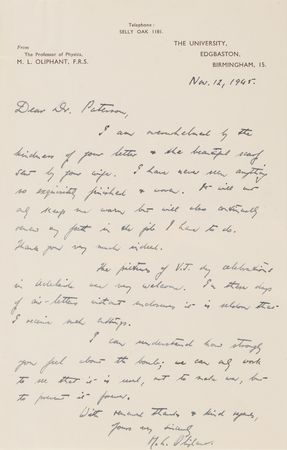 Lot #97 Mark Oliphant Autograph Letter Signed on