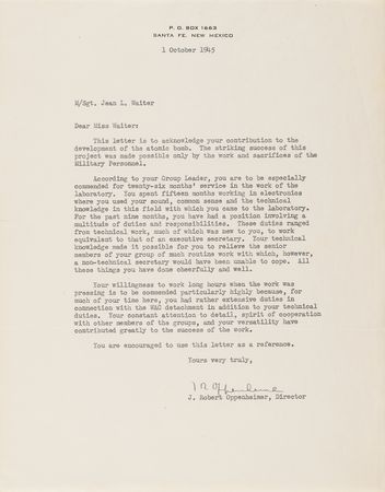 Lot #100 Robert Oppenheimer Typed Letter Signed to