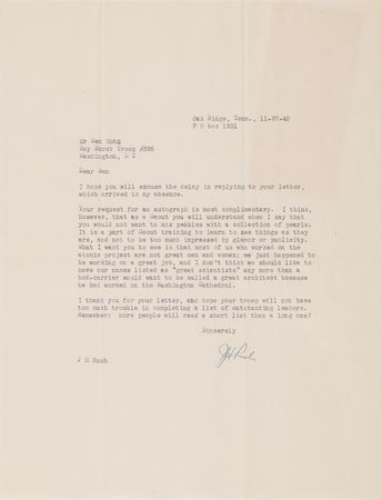 Lot #104 Oak Ridge: Joseph H. Rush Typed Letter