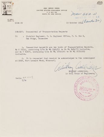 Lot #103 Whitney Ashbridge War-Dated Document