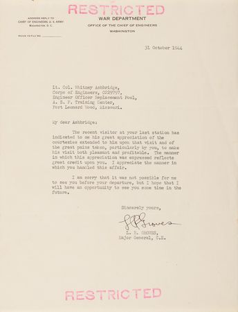 Lot #98 Leslie Groves War-Dated Typed Letter