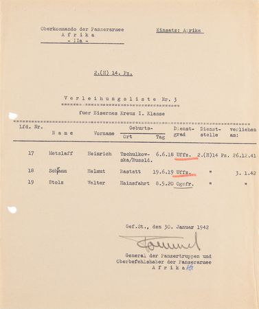 Lot #38 Erwin Rommel War-Dated Document Signed (January 30, 1942) - Awarding the Iron Cross to Three Panzer Army Africa Soldiers - Image 2