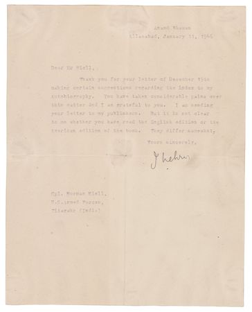 Lot #211 Jawaharlal Nehru Typed Letter Signed on
