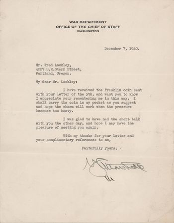 Lot #36 George C. Marshall War-Dated Typed Letter