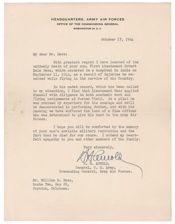 Lot #46 Hap Arnold War-Dated Signed Typed Letter