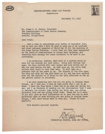 Lot #48 Hap Arnold Typed Letter Signed on Donating
