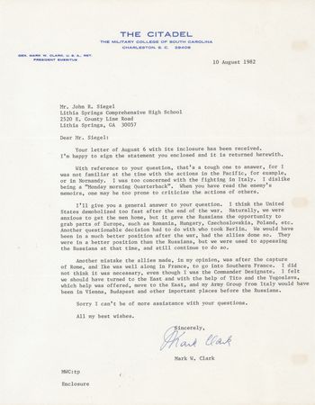 Lot #69 Mark W. Clark Typed Letter Signed,
