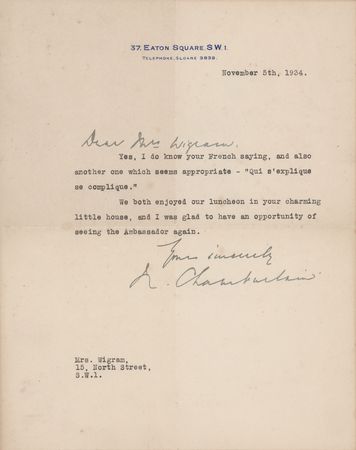 Lot #19 Neville Chamberlain Typed Letter Signed to