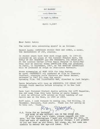Lot #380 Ray Bradbury Typed Letter Signed: I will