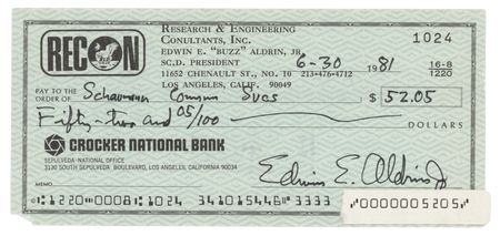 Lot #312 Buzz Aldrin Signed Check - Image 1
