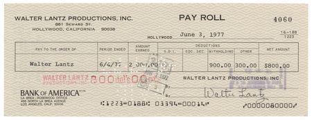 Lot #355 Walter Lantz Signed Check