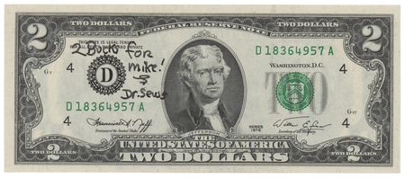 Lot #389 Dr. Seuss Signed $2 Dollar Bill