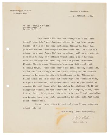 Lot #233 Niels Bohr Typed Letter Signed on Max