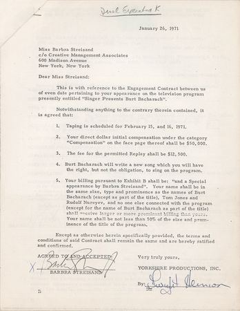 Lot #456 Barbra Streisand Twice-Signed Television Contract -  