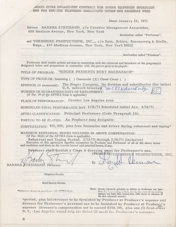 Lot #456 Barbra Streisand Twice-Signed Television Contract -  