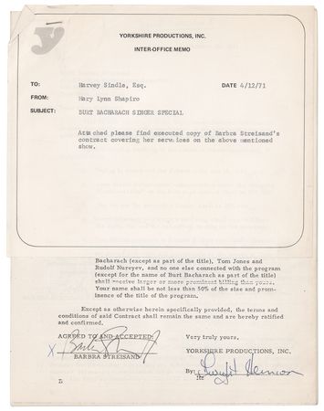 Lot #456 Barbra Streisand Twice-Signed Television Contract -  