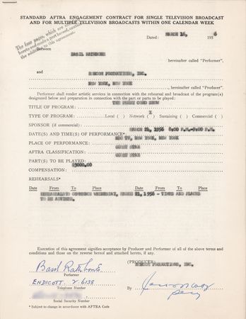 Lot #452 Basil Rathbone Signed Television Contract