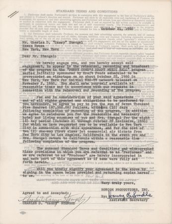 Lot #471 Casey Stengel Signed Television Contract