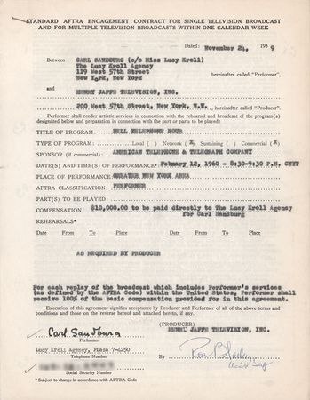 Lot #388 Carl Sandburg Signed Television Contract - 