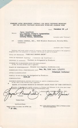 Lot #437 Jayne Mansfield Signed Television Contract - 