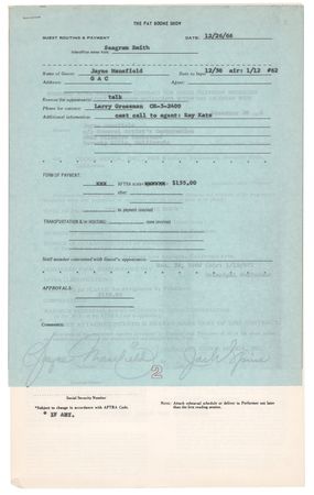 Lot #437 Jayne Mansfield Signed Television Contract - 