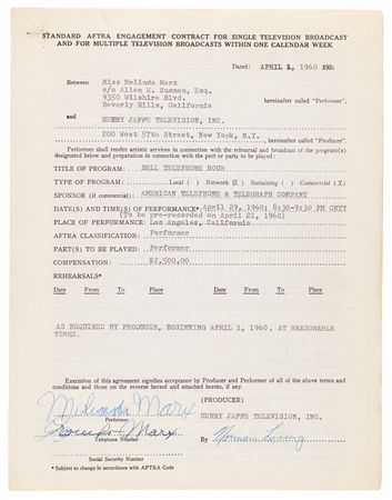 Lot #441 Groucho (2) and Gummo Marx (1) Signed Television Contracts for 'The Mikado' (Bell Telephone Hour, 1960) - Image 2