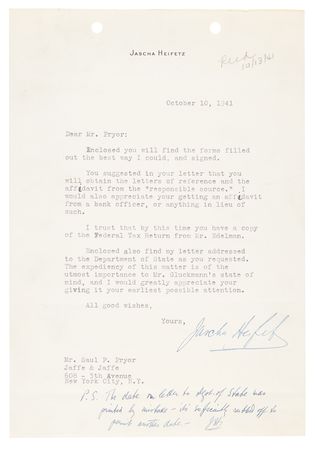 Lot #396 Jascha Heifetz (3) War-Dated Typed Letters Signed and Refugee Visa Archive Assisting Grigory Gluckmann’s Escape from Occupied France - Image 2