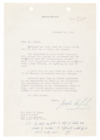 Lot #396 Jascha Heifetz (3) War-Dated Typed Letters Signed and Refugee Visa Archive Assisting Grigory Gluckmann’s Escape from Occupied France - Image 3