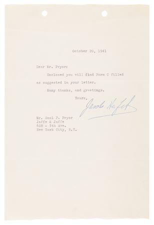 Lot #396 Jascha Heifetz (3) War-Dated Typed Letters Signed and Refugee Visa Archive Assisting Grigory Gluckmann’s Escape from Occupied France - Image 4