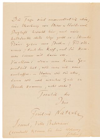 Lot #253 Friedrich Nietzsche Autograph Letter Signed from Sorrento, Italy, During His Composition of 'Human, All Too Human' - Image 3