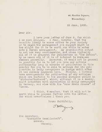 Lot #24 John Maynard Keynes Typed Letter Signed,