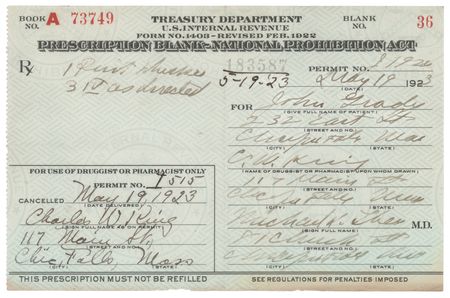Lot #261 Prohibition: 1923 Liquor Prescription for