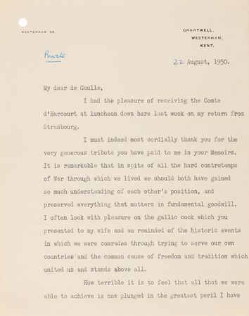 Lot #9 Winston Churchill Typed Letter Signed to Charles de Gaulle on Their Wartime Alliance and “the greatest peril I have ever known” - Image 2