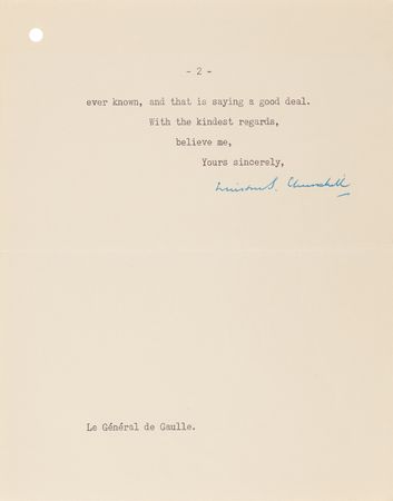 Lot #9 Winston Churchill Typed Letter Signed to Charles de Gaulle on Their Wartime Alliance and “the greatest peril I have ever known” - Image 3