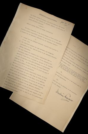 Lot #123 Hartley Shawcross Signed Nuremberg Indictment for Nazi Propagandist Julius Streicher, with Nuremberg Prison Roster Signed by Burton C. Andrus - Image 1