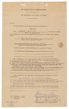 Lot #124 Nuremberg Trials: Hermann Goring Document Signed, Summoning Rudolf Lehmann as a Witness to Refute 