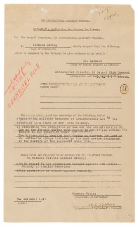 Lot #124 Nuremberg Trials: Hermann Goring Document Signed, Summoning Rudolf Lehmann as a Witness to Refute 