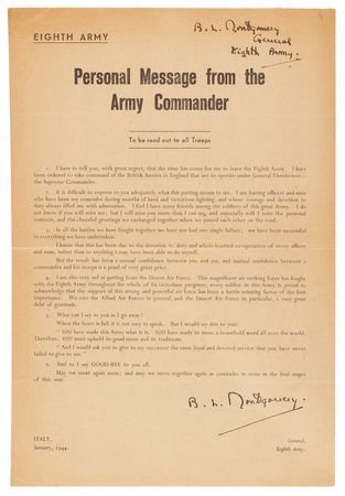 Lot #63 Field Marshal Bernard Law Montgomery's Signed Wartime Personal Messages to the Eighth Army and 21 Army Group — 