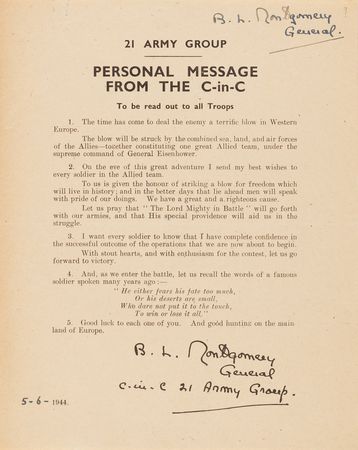 Lot #63 Field Marshal Bernard Law Montgomery's Signed Wartime Personal Messages to the Eighth Army and 21 Army Group — 