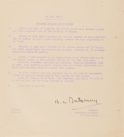 Lot #63 Field Marshal Bernard Law Montgomery's Signed Wartime Personal Messages to the Eighth Army and 21 Army Group — 
