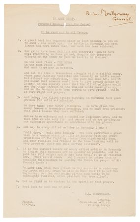 Lot #63 Field Marshal Bernard Law Montgomery's Signed Wartime Personal Messages to the Eighth Army and 21 Army Group — 